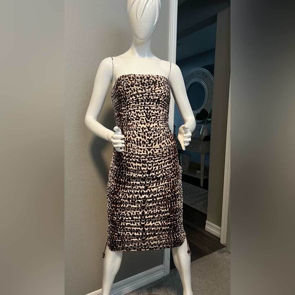 Tadashi Shoji Ruched Leopard Print Strapless Dress Size M